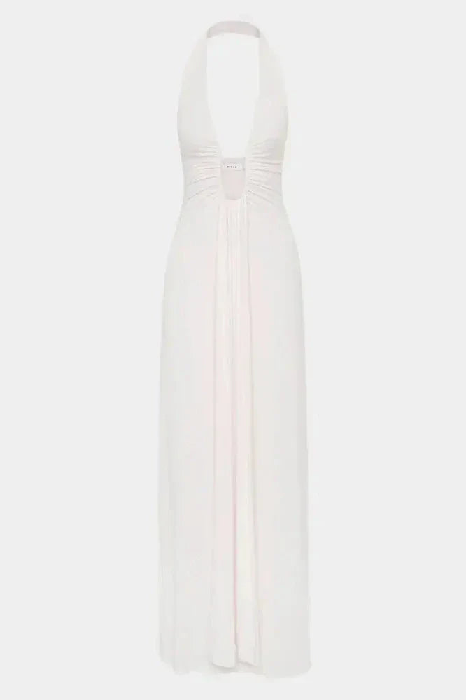 V-Neck High Waist Backless Slim Pleated Maxi Dress