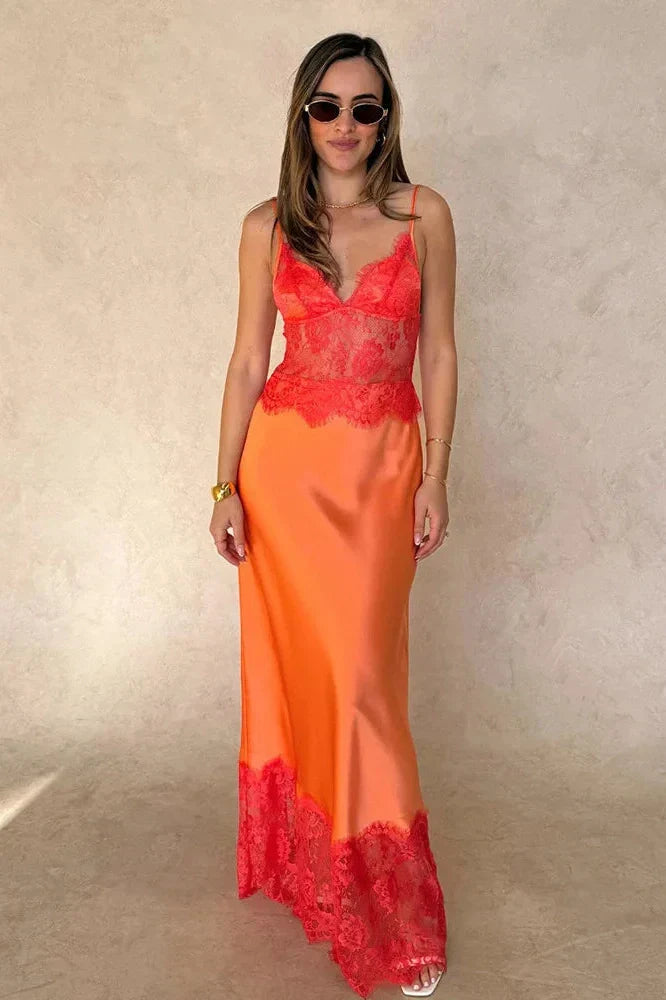 V-Neck Lace Patchwork See-Through Printed Maxi Dress