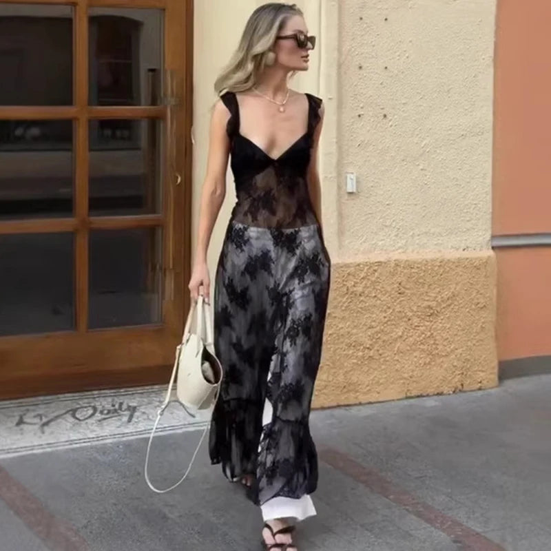 Glorol - Lace See Through Slit Slim Maxi Dress