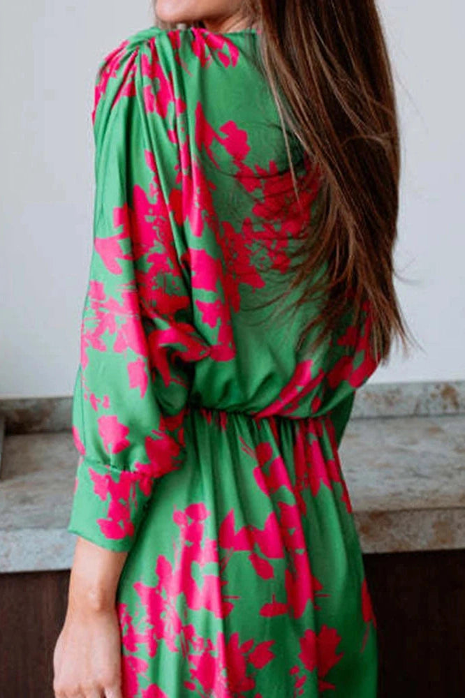 Glorol - Elegant Long Sleeve High Waist Printed V-Neck Maxi Dress