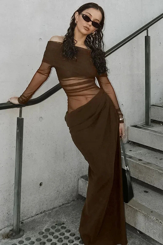 Glorol - See-Through Patchwork Off-Shoulder Long Sleeve Maxi Dress