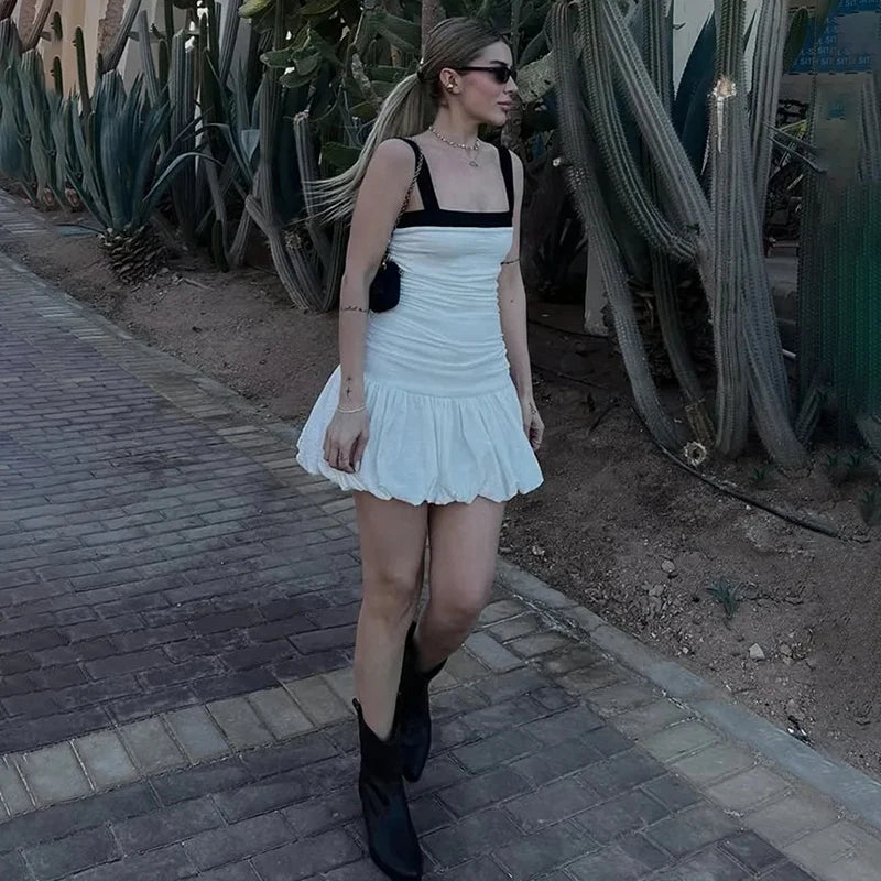 Glorol - Pleated Sleeveless High Waist Slim Mini Dress