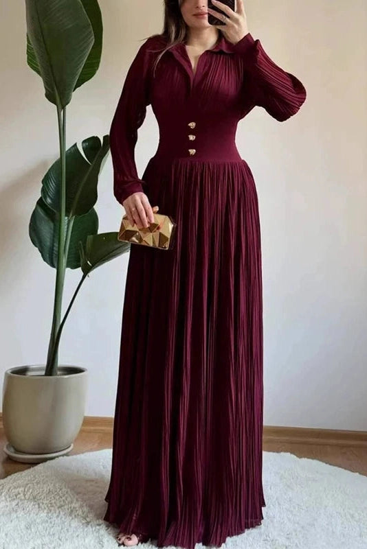 Glorol - Long Sleeve High Waist Pleated V-Neck Maxi Dress