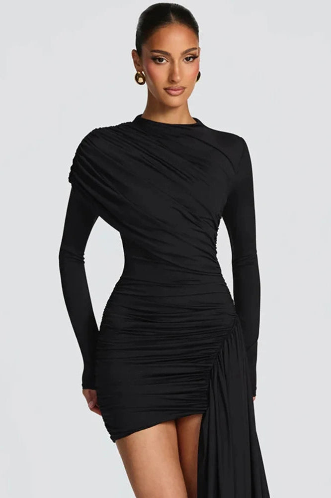 Glorol - Long Sleeve O Neck High Waist Bodycon Mini Dress