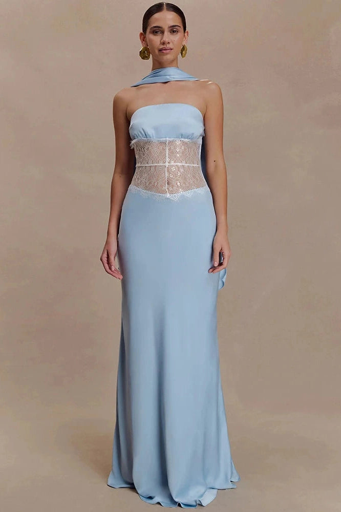 Glorol - Scarf Collar Off-Shoulder Lace Strapless Sleeveless Bodycon Maxi Dress