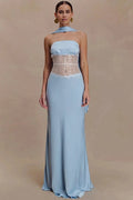 Glorol - Scarf Collar Off-Shoulder Lace Strapless Sleeveless Bodycon Maxi Dress