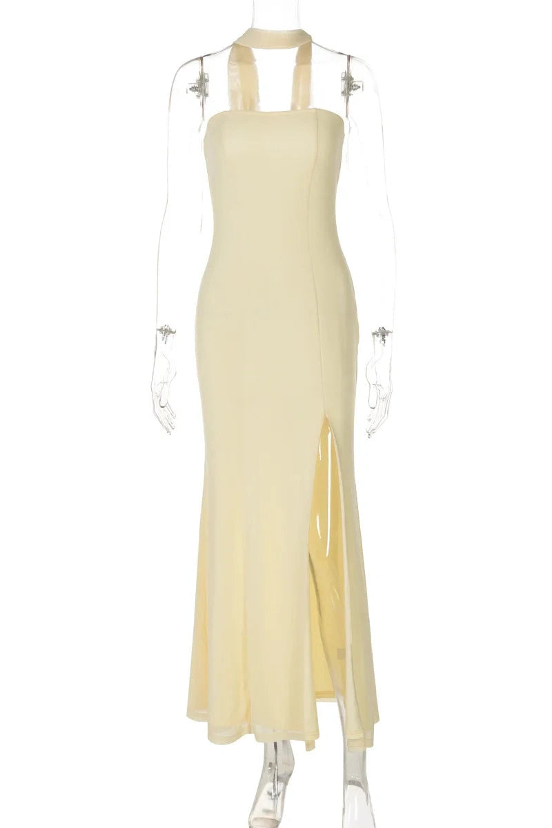 Glorol - Scarf Collar Off-Shoulder Strapless Backless High Split Maxi Dress