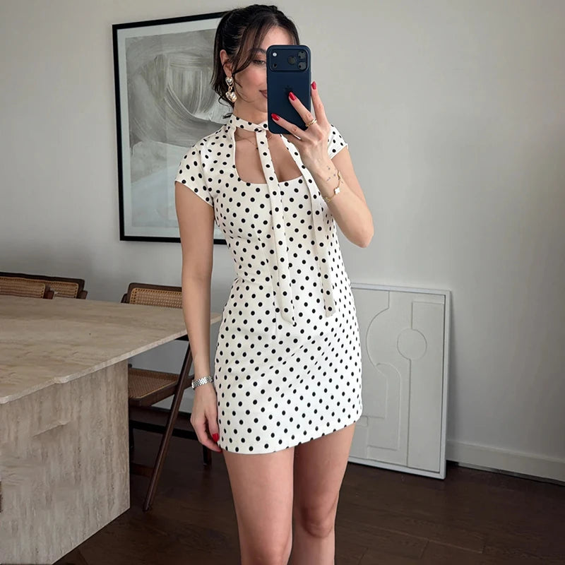 Glorol - Polka Dot Lace-Up Slim Mini Dress