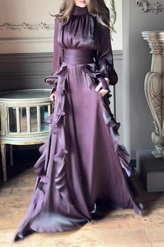 Glorol - Elegant Pleated High Collar Long Sleeve High Waist Maxi Dress