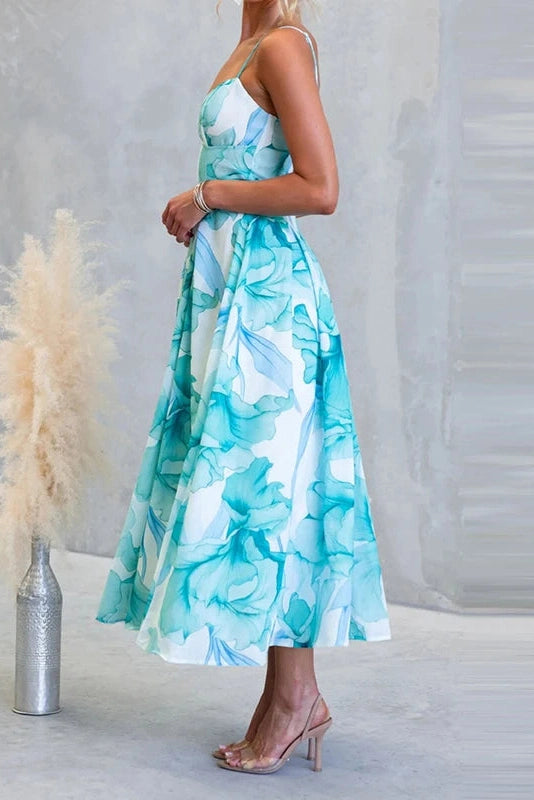 Glorol - Floral Printed High Waist Sleeveless Pleated Midi Dress