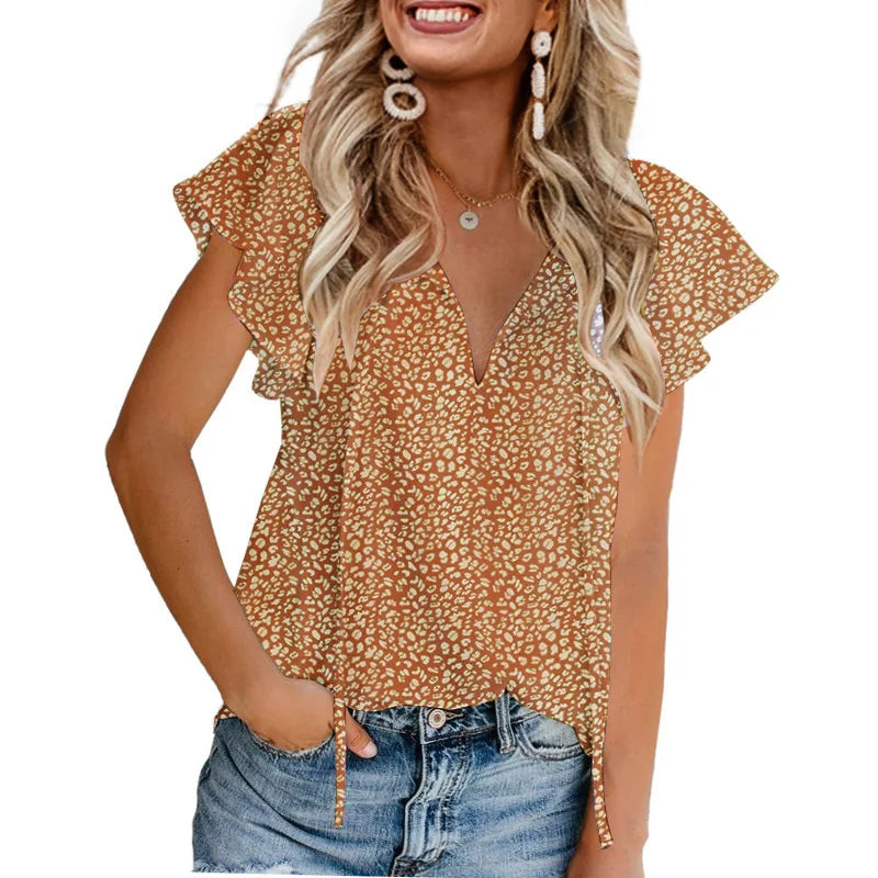 Glorol - Floral V-Neck Double-Layer Top