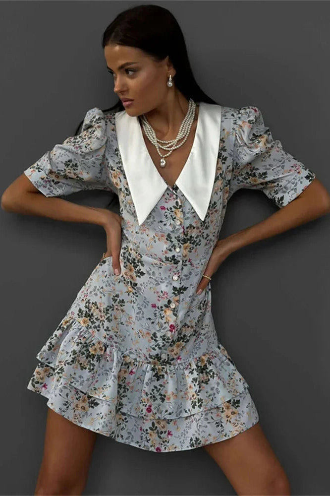 Glorol - Printed V-Neck Short Sleeve Slim High Waist Mini Dress
