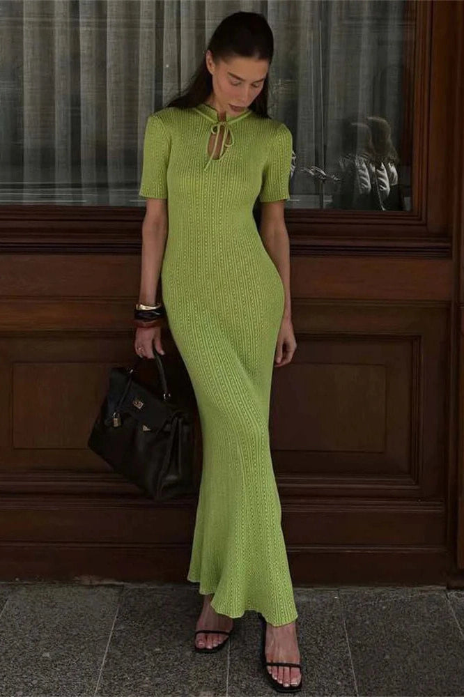 Glorol - Hollow Out Lace-Up Short Sleeve Patchwork High Waist Maxi Dress