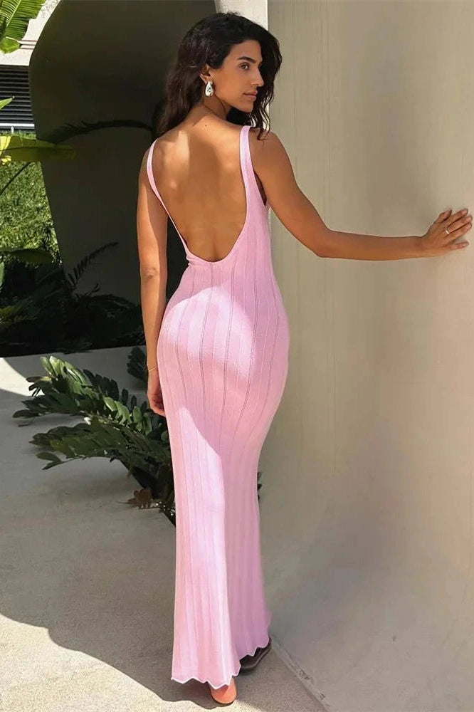 Glorol - Hollow Out Slim Backless High Waist Maxi Dress