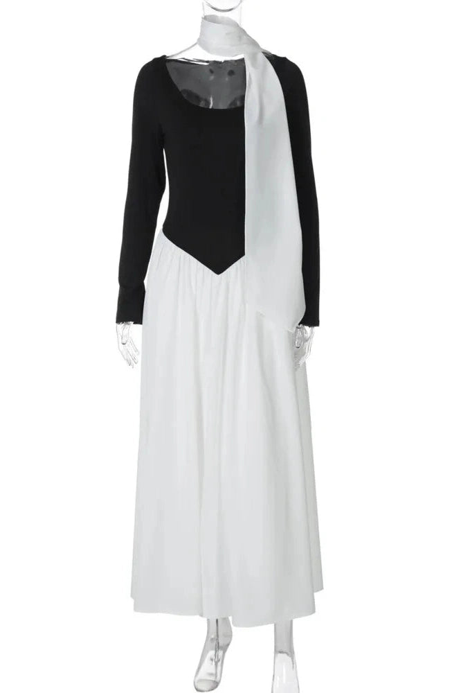 Glorol - Patchwork Long Sleeve O Neck Pleated Maxi Dress