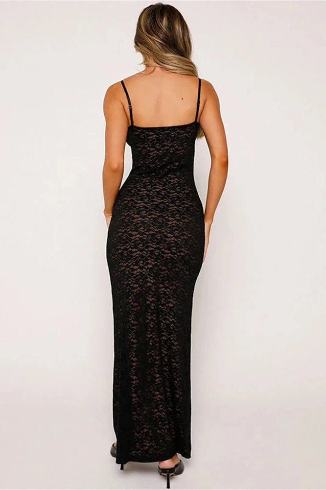 Glorol - Lace Hollow Out Backless Slim V-Neck Maxi Dress