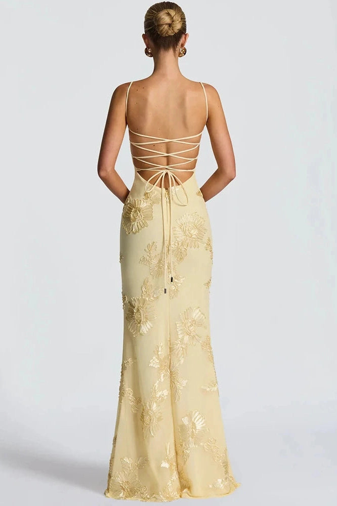 Glorol - Spaghetti Strap Printed Sleeveless Backless Bodycon Maxi Dress