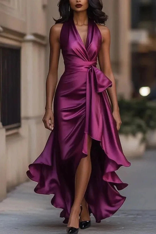 Glorol - Lace Up Off Shoulder V-Neck Slim Pleated Irregular Maxi Dress