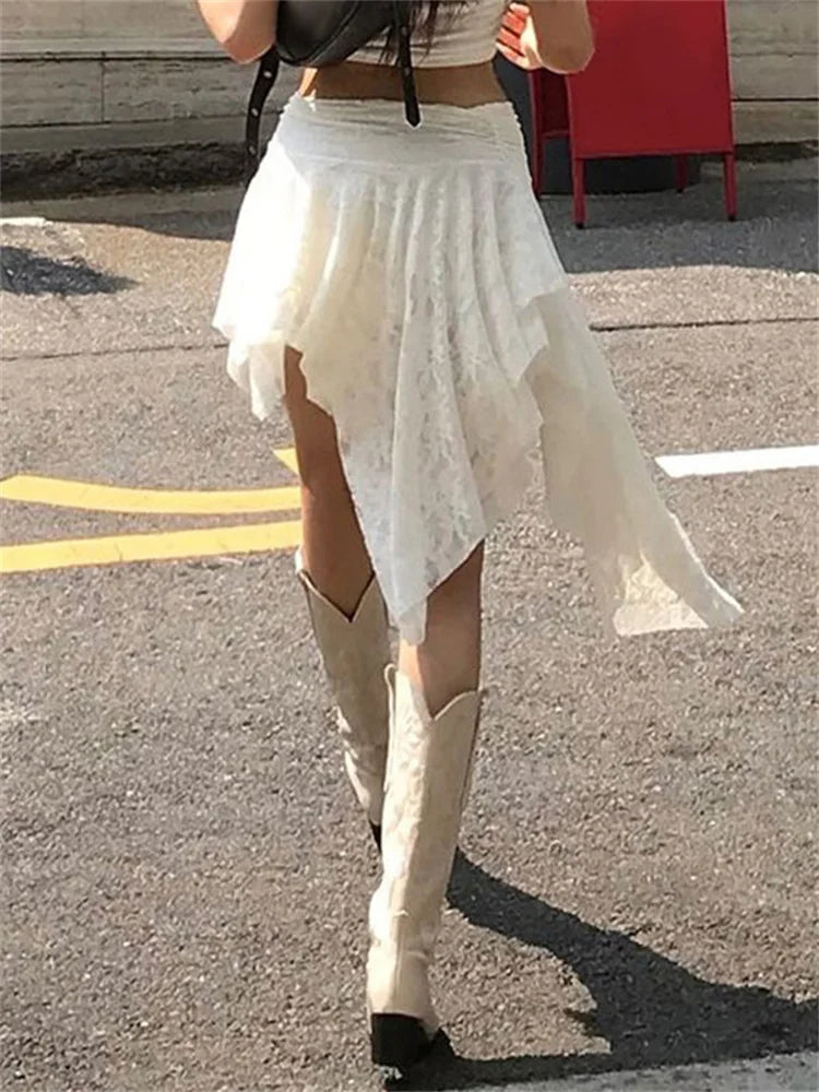 Glorol - High Waist See-Through Lace Patchwork Skirt