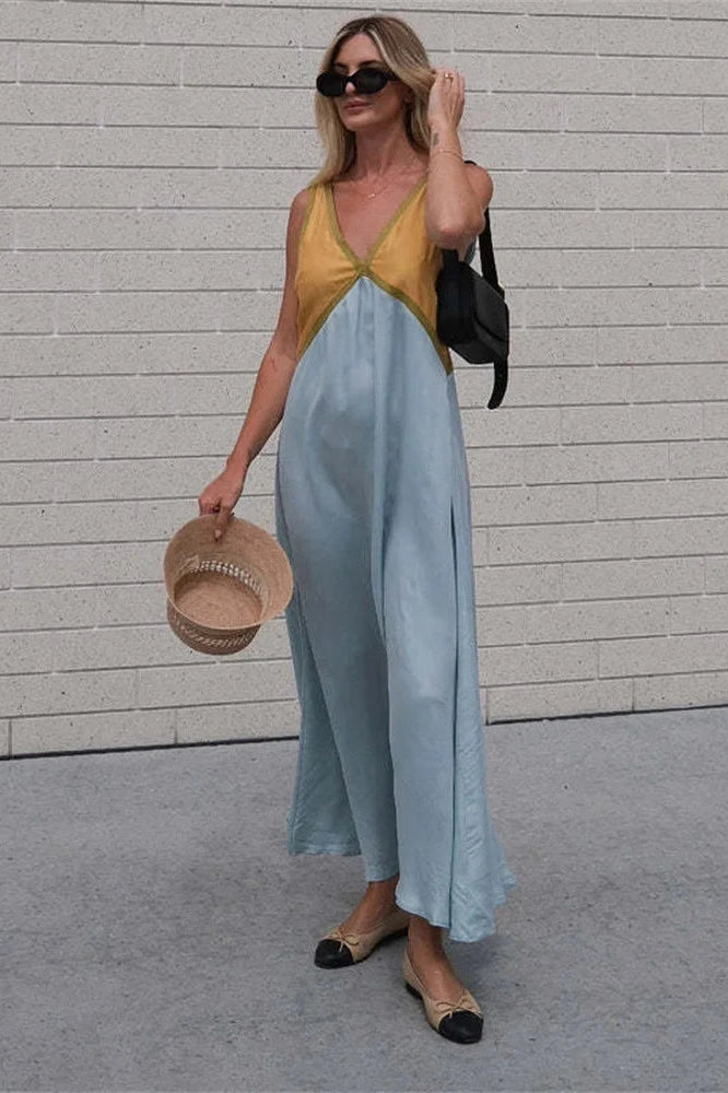 Glorol - Patchwork V-Neck Strapless Sleeveless Slim Maxi Dress