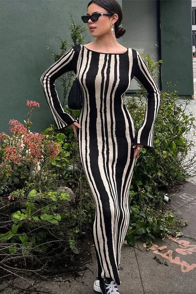 Striped Slim High Waist Maxi Dress
