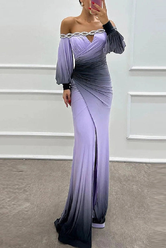 Glorol - Off Shoulder Patchwork High Waist Pleated Slim Sleeves Maxi Dress