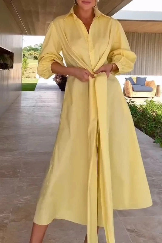 Glorol - Elegant Single Breasted Long Sleeve Tie-Up Midi Dress