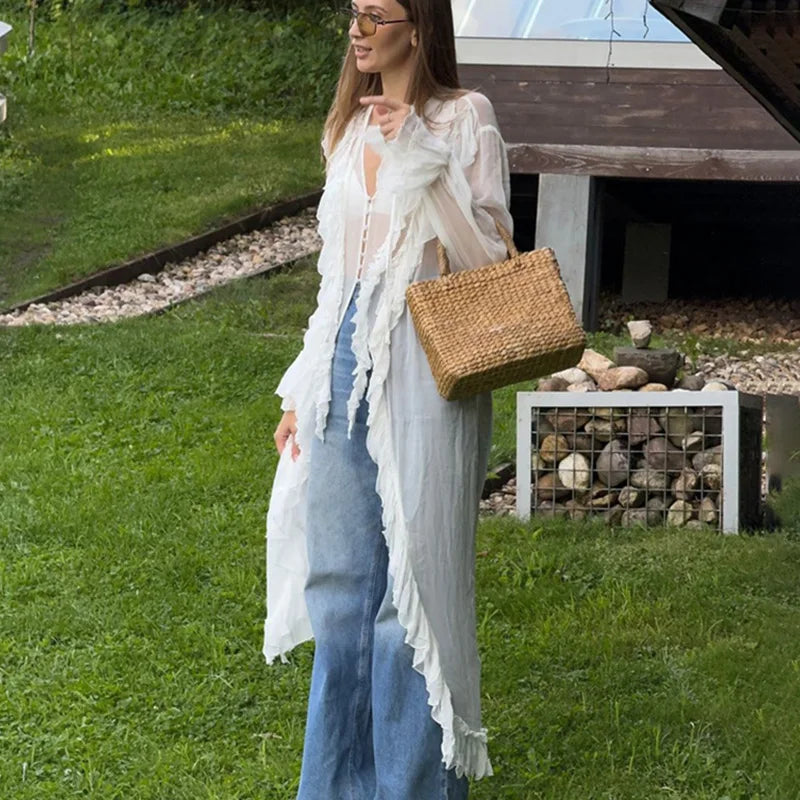 Glorol - See Through Lace Up Patchwork Maxi Dress