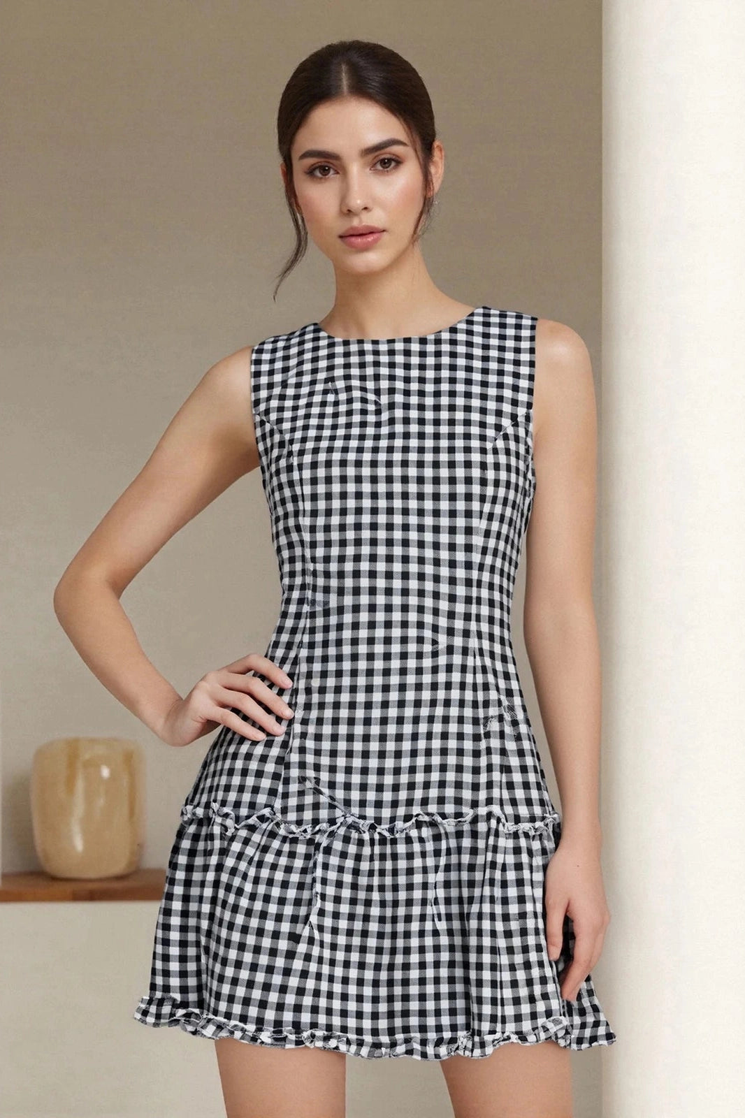 Glorol - Plaid Printed Round Neck Sleeveless Mini Dress