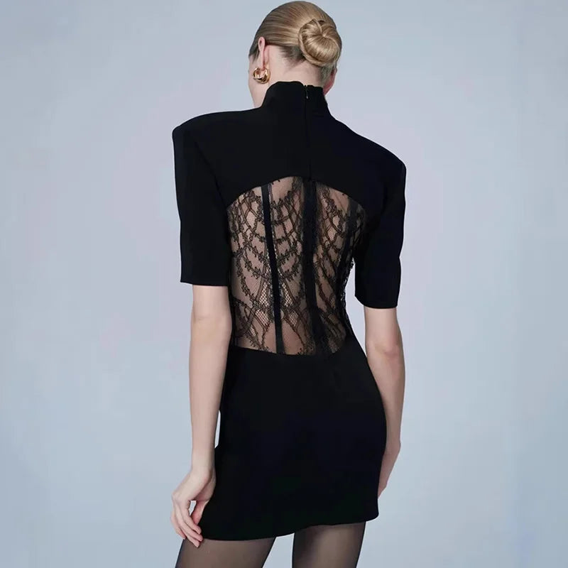 Glorol - Patchwork Backless See Through High Waist Mini Dress