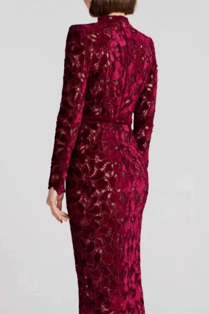 Glorol - Hollow Out Lace Embroidery Long Sleeve High Waist Midi Dress