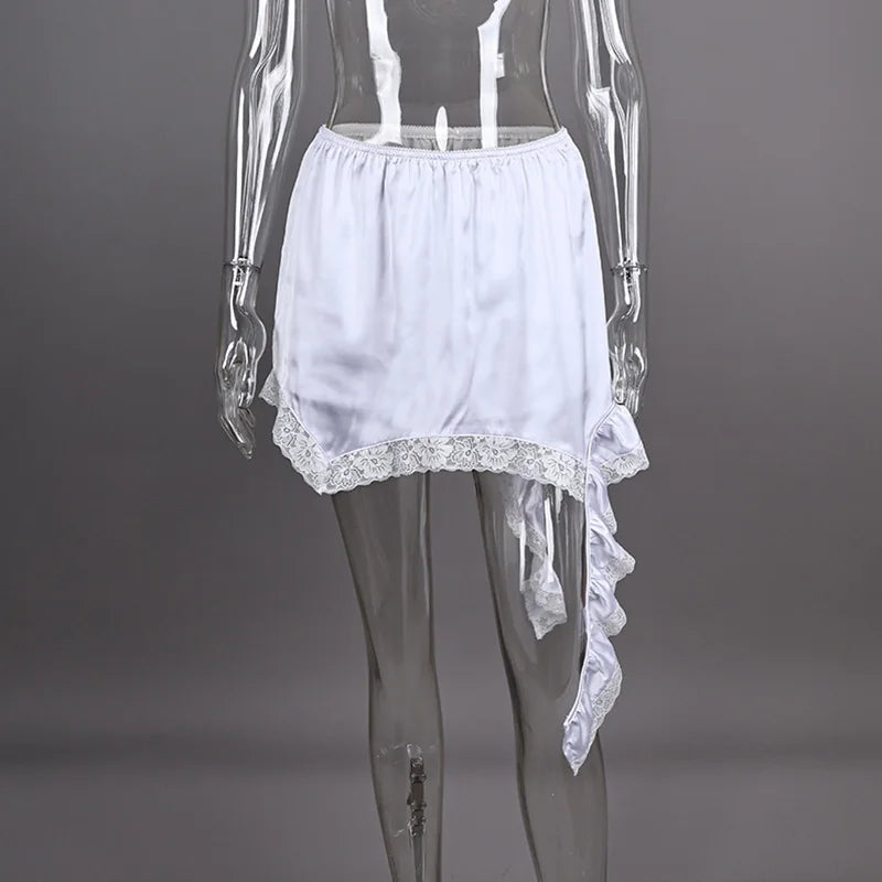 Glorol - High Waist Lace Ribbon Splice Skirt