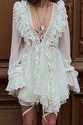 Glorol - Elegant Long-Sleeved V-Neck High-Waisted Mini Dress