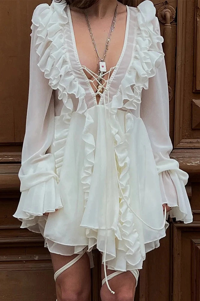 Glorol - Elegant Long-Sleeved V-Neck High-Waisted Mini Dress