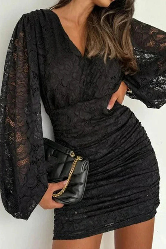Glorol - Elegant Slim High Waist Pleated Lace V-Neck Long Sleeve Mini Dress