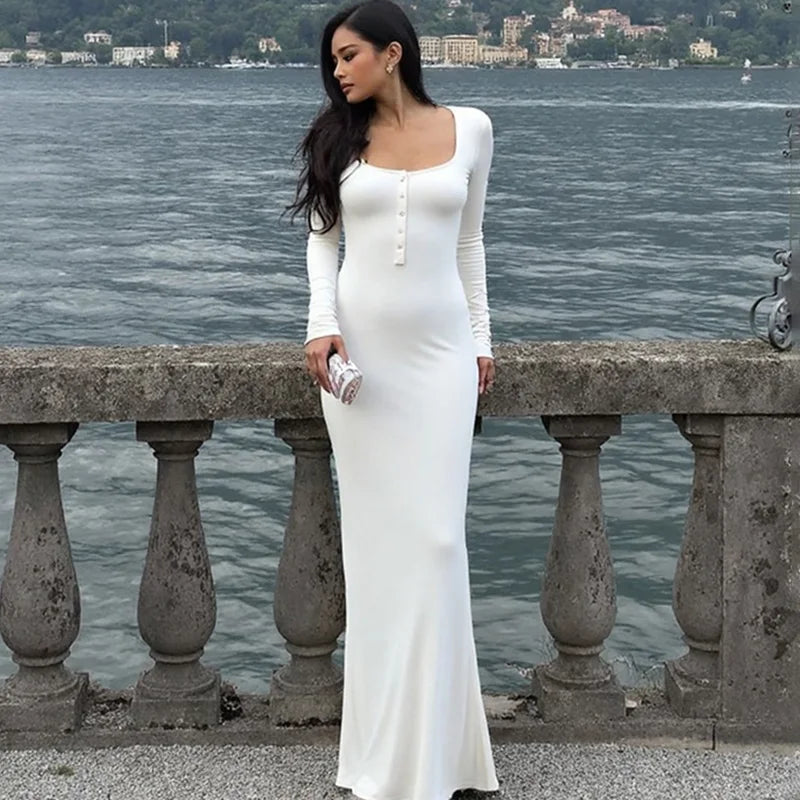 Glorol - Button Square Neck Long Sleeve Maxi Dress