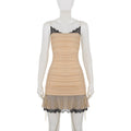Glorol - Lace Spaghetti Strap Slim Pleated Mini Dress