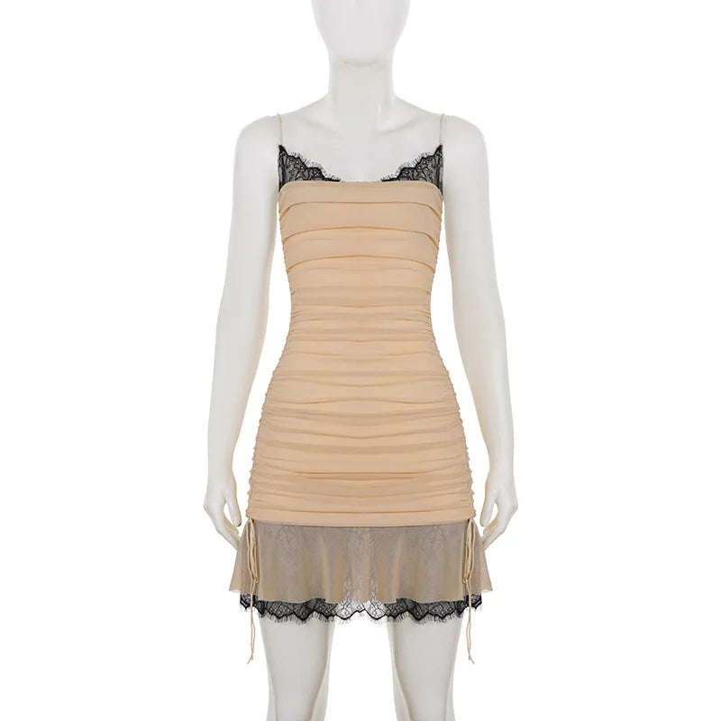 Glorol - Lace Spaghetti Strap Slim Pleated Mini Dress