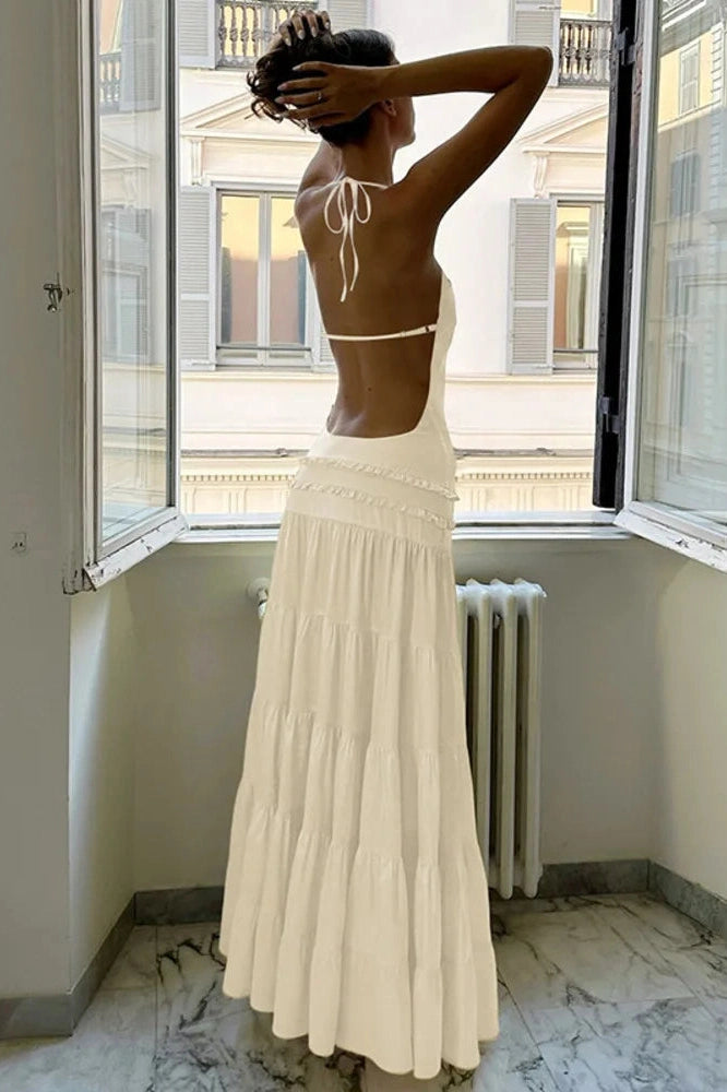 Glorol - Backless Pleated Sleeveless High Waist Lace-Up A-Line Maxi Dress