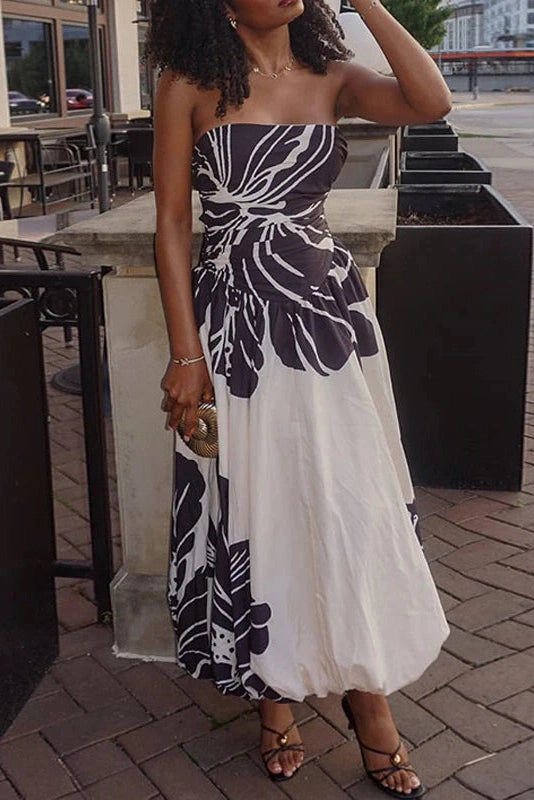 Glorol - Off Shoulder Sleeveless High Waist Printed Pleated Maxi Dress
