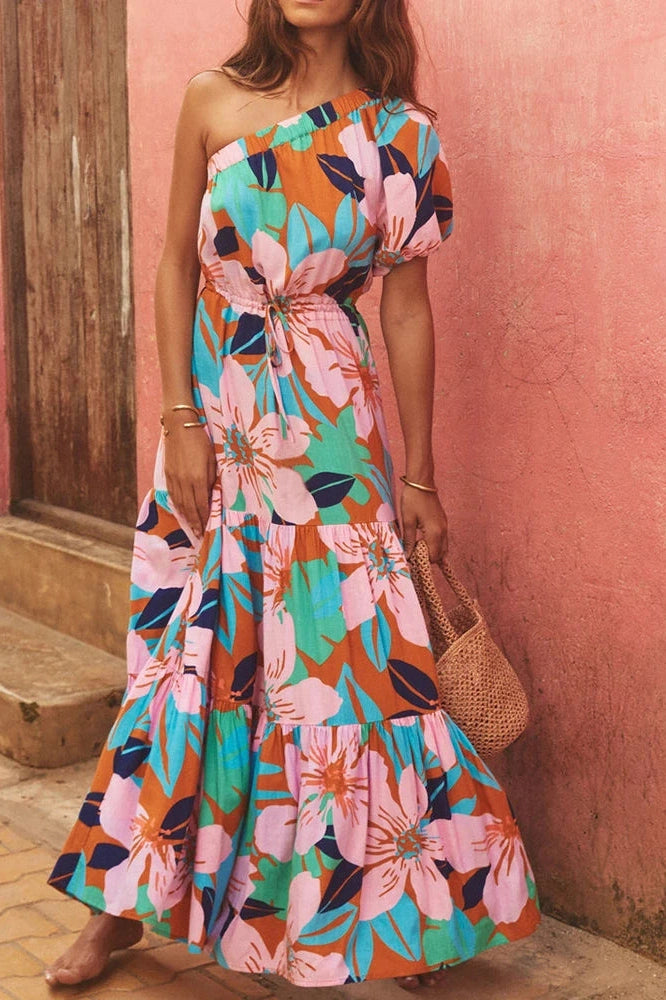 Glorol - Printed High Waist Pleated One-Shoulder Sleeve Maxi Dress