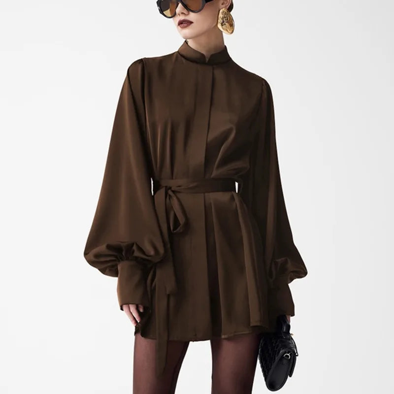 Glorol - Elegant Lace Up Half High Neck High Waist Mini Dress
