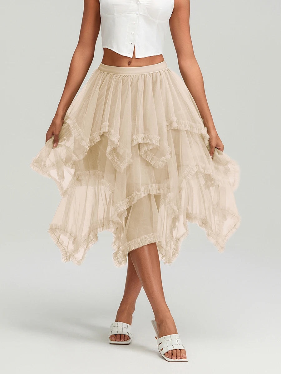 Glorol - High Waist Layered Tulle Frill Trim Skirt