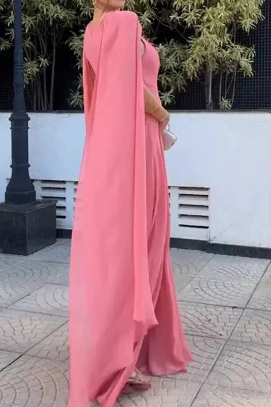Glorol - Elegant Hollow Out Shawl Sleeve Pleated High Waist Maxi Dress
