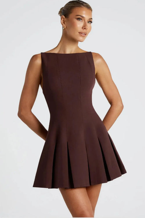 Backless High Waist A-line Spaghetti Strap Sleeveless Pleated Mini Dress