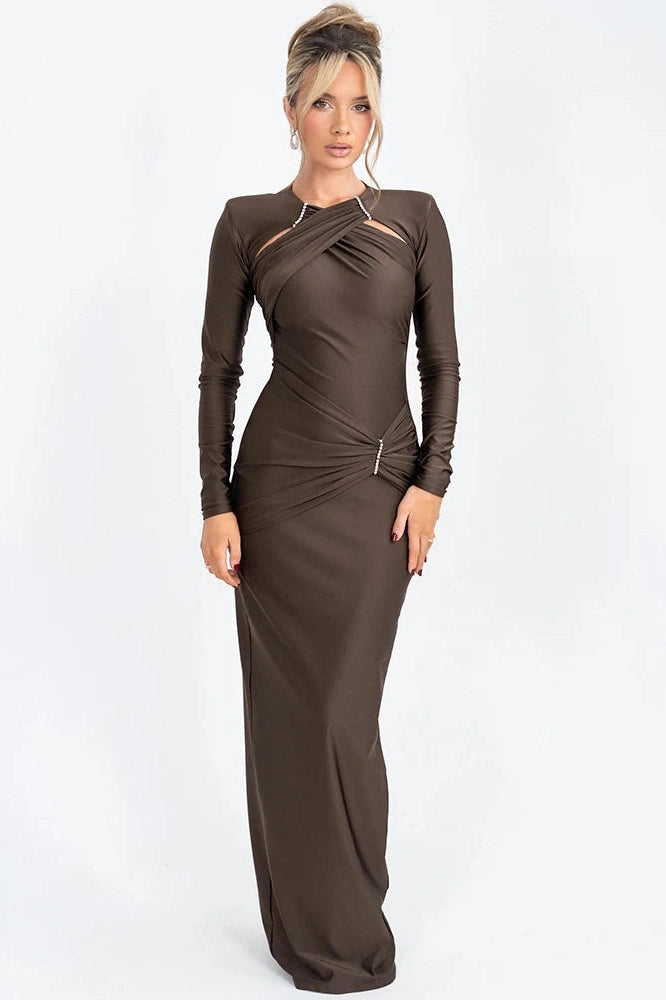 Glorol - Hollow Out Long Sleeve Bodycon Maxi Dress