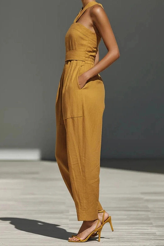 Glorol - Elegant Cross Halter Lace-Up Sleeveless Backless Jumpsuit