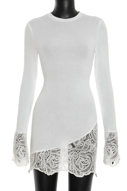 Glorol - Patchwork Lace Round Neck Bodycon High-Waisted Mini Dress