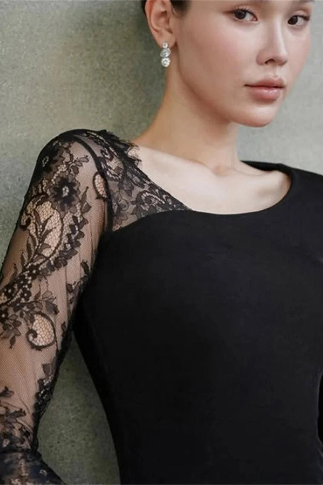 Glorol - Lace Printed See-Through Long Sleeve Maxi Dress