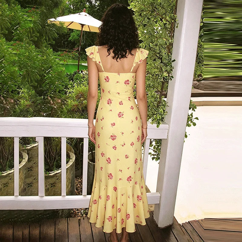 Glorol - Floral Lace-Up Patchwork Backless Maxi Dress
